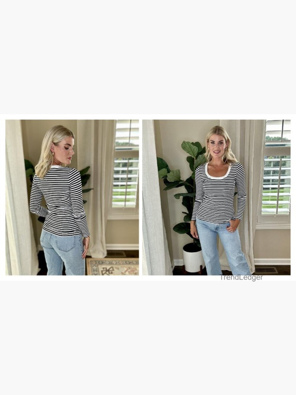 Long Sleeve Rib Knit Scoop Neck Tee Slim Fit Business Casual Top - Picture 6 of 7